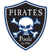 Black and white shield logo with the word PIRATES, a skull and crossbones, Poole below, and Est. 1948 at the bottom. Blue and white outlines surround the shield.