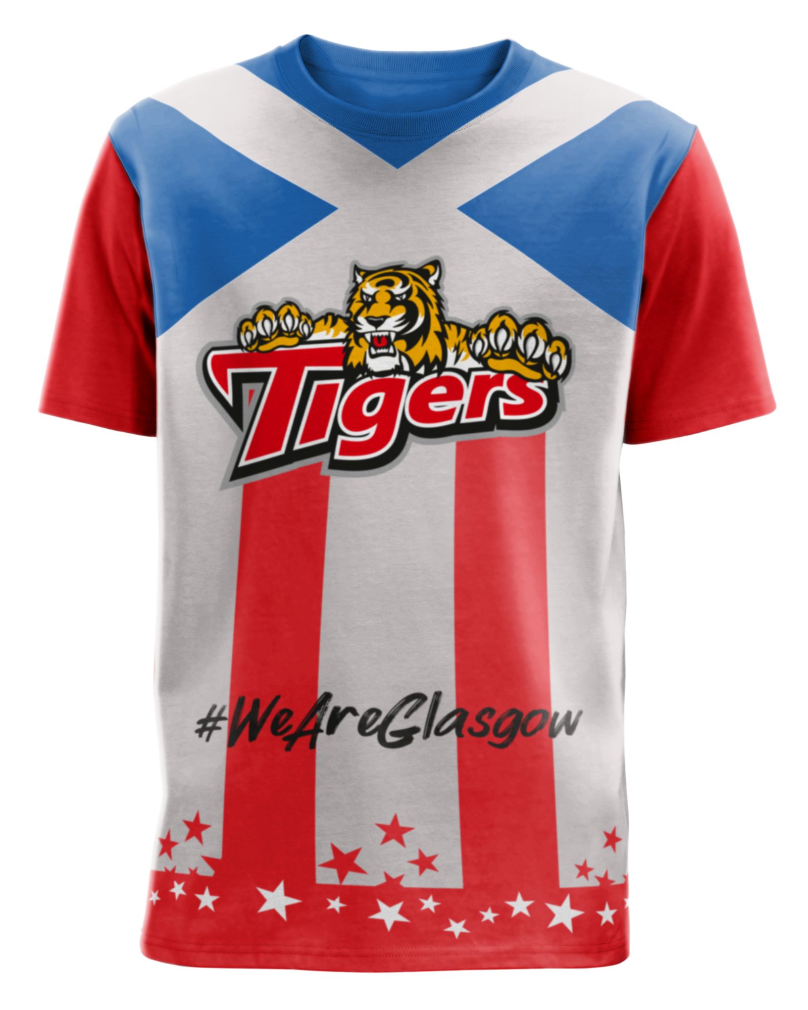 The Adults Replica 2024 t-shirt features a tiger logo, Tigers text, a blue-and-white Scottish flag, red sleeves, red stripes with stars, and #WeAreGlasgow written at the bottom.